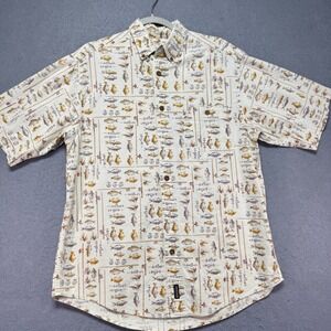 Woolrich‎ Tan Short Sleeve Large Button Down Shirt All Over Fishing Print